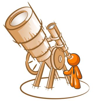 Orange man peering through old fashioned telescope, da vinci style. 