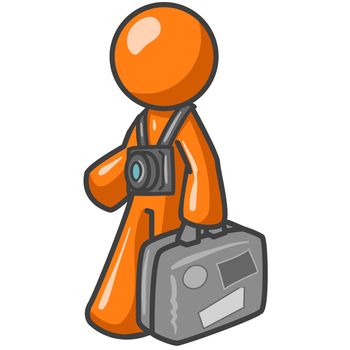 An orange man tourist carrying his suitcase with a camera around his neck. 