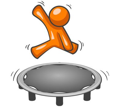 An orange man having fun jumping on a trampoline.