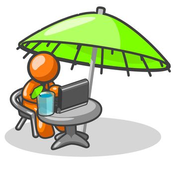 An orange at his computer working on his vacation. 