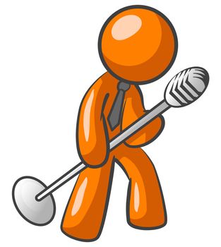 An orange man speaking or yelling or even perhaps singing into a microphone about something intense. 