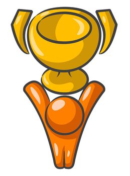 Orange Man Holding a trophy above his head and victorious over a win. 