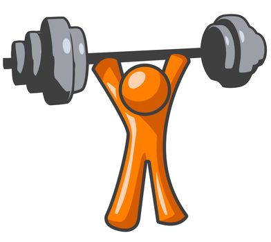 An orange man lifting weights in a great display  of strength.