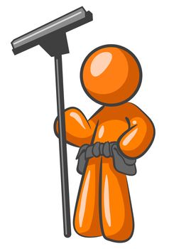 An orange man holding a squeegee and looking confident in his exceptional work. 