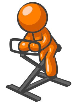 Orange Man on a work out bike, peddling. 