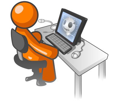 An orange man sitting at a computer desk monitoring an X ray or something random.  Also has a mouse and microphone. 