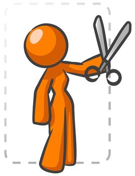 An orange lady against a big dotted lines to suggest cutting coupons. 