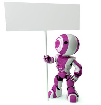 A glossy robot standing holding a sign. Area on sign left blank for your own design.