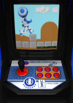 A retro arcade gaming console. Theme involving a running robot. Pixelization of TV screen somewhat exadurated to maintain retro gaming effect. 