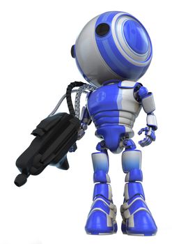 A robot soldier holding a large and heavy gun which is connected to his back via metal hoses for supplying energy to the gun. State of the art!