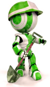A green robot environmental worker with a shovel and hard hat ready to plant some trees, landscape a garden, or repair the rainforests! This project was special to me.