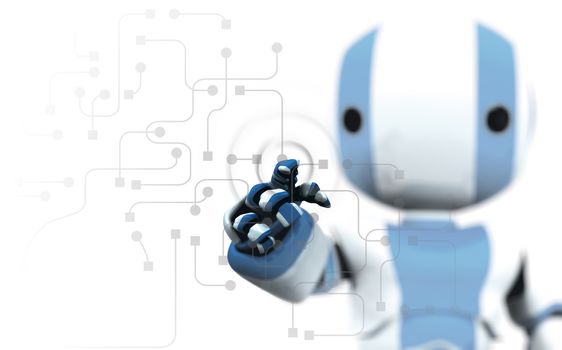 A blue and white robot pointing his finger against a transparent window of circuitry and programming. Slight DOF