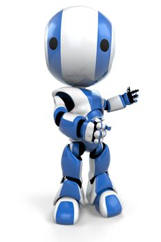 A blue robot making a gesture to the right as he speaks to or looks at his audience. 