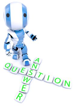 A blue robot behind a crossword puzzle arrangement, with the words "question" and "answer" crossed at the "S"