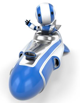 A robot in a hover rocket waving at the viewer viewed from the front. 