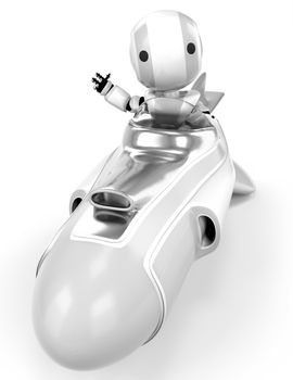 A robot in a hover rocket waving at the viewer viewed from the front. 