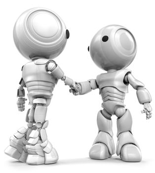 Two robots, slightly different in appearance, shaking hands. Good concept in teamwork or diversity. 