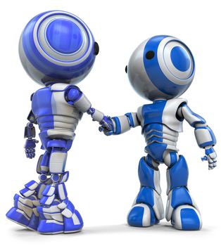 Two robots, slightly different in appearance, shaking hands. Good concept in teamwork or diversity. 