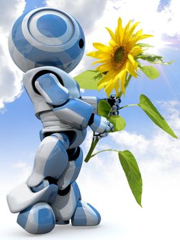 A glossy reflective 3d robot looking in awe at a large sunflower while standing in front of a cloudy sky.