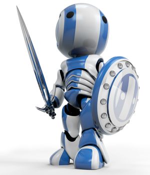 A blue robot holding a sword and Shield. a symbol of technological purity and excellence. Good concept for antivirus, bot software, and just fun!