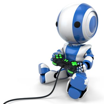 A blue robot holding a video game controller with bright green buttons. 