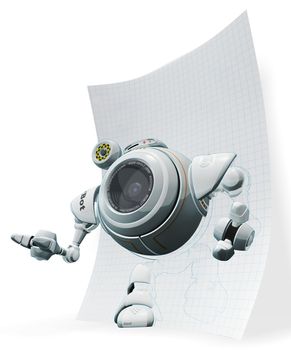 A 3d robot web cam emerging from graph paper. The labels and markings on him are all fictional and made up. 