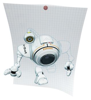 A 3d robot web cam emerging from graph paper viewed from a top angle. The labels and markings on him are all fictional and made up. 
