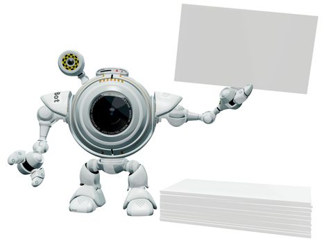 A 3d robot web cam holding up a blank business card with a pile of business cards below him. The labels and markings on him are all fictional and made up. 