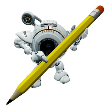 A robot web cam holding a yellow pencil perhaps ready to write something. 