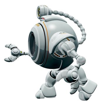 A 3d robot web cam walking side ways in an animated manner. The labels and markings on him are all fictional and made up. 