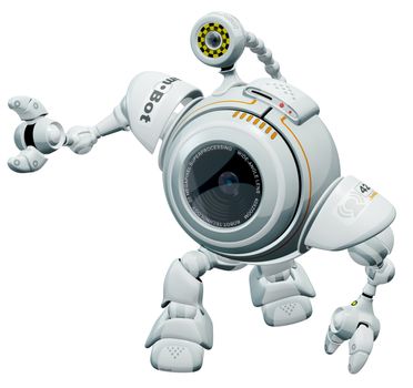 A robot web cam looking p at something in a cute manner. All markings and labels on this model are fictional and made up. 