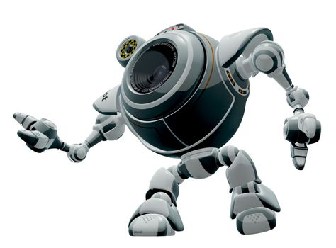 A 3d robot web cam looking up. The labels and markings on him are all fictional and made up. 