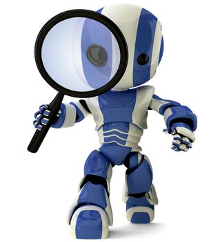 A glossy robot with a magnifying glass inspecting something. A fun concept in programming and search engine optimization.