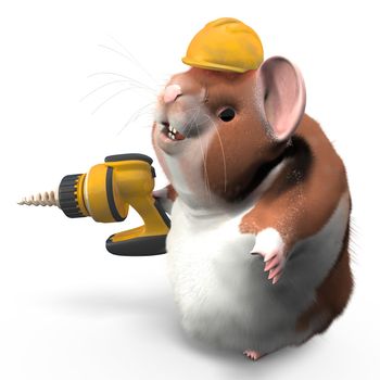 A professional hamster with a drill and hard hat ready to work. 