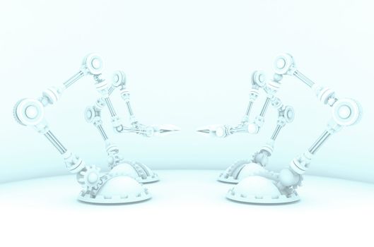 A hazed out 3d render of robotic manufacturing arms, all pointing inward at eachother in an artistic style.
