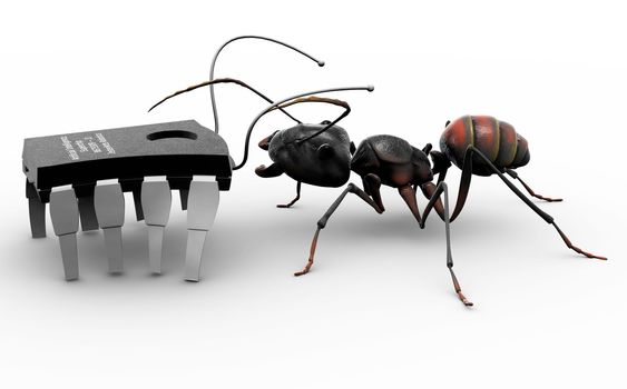 An ant meeting a computer bug, which is a microchip with antennas and walking on its conductors. 