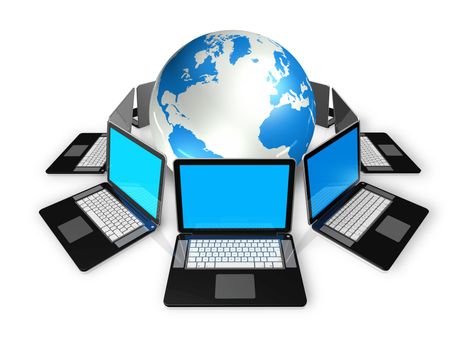 3D laptop computers around a world globe isolated on white