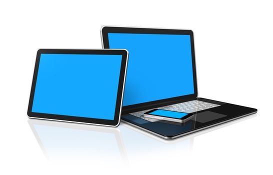 3D laptop, mobile phone and digital tablet pc computer - isolated on white with clipping path