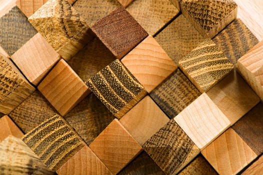 Wooden puzzle in the form of city buildings. View on top.