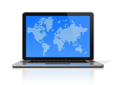 3D laptop computer with worldmap on screen. isolated on white with 2 clipping path (screen and global scene)