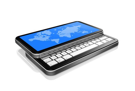 3D mobile phone, pda isolated on white with worldmap on screen. 2 clipping path : one for the phone and one for screen.