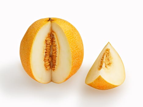 Slice of yellow ripe melon on white background