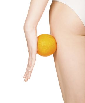 beautiful female figure with orange, isolated on white background