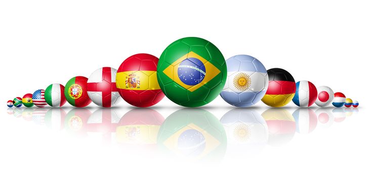 Soccer football balls group with teams flags / brazil soccer world cup 2014 symbol. isolated on white