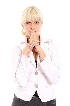 Closeup portrait of a happy young woman thoughtful isolated on white background
