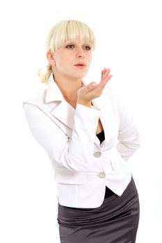   Portrait of young woman blowing kiss isolated on white background
