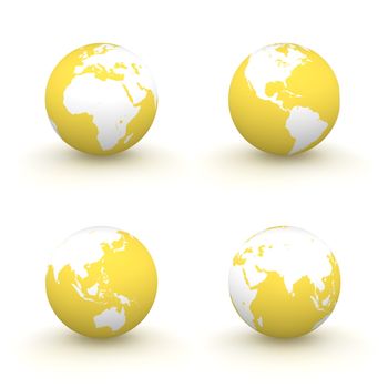 four views of a 3D globe with white continents and a yellow ocean