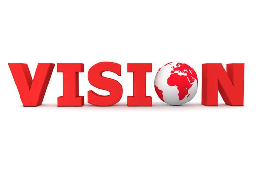 red word Vision with 3D globe replacing letter O