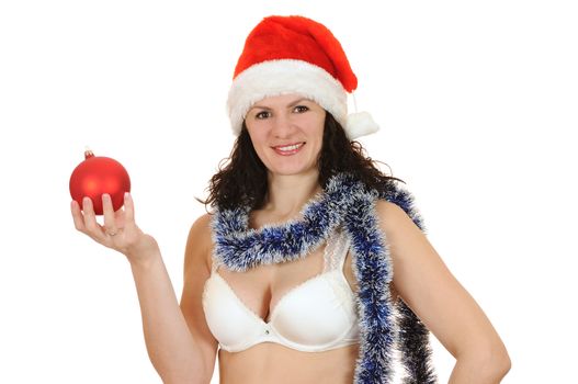 woman santa claus with ball isolated on white background