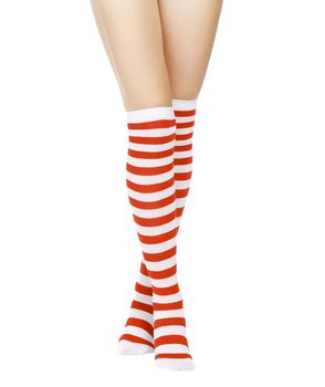 woman legs in color red socks isolated on white